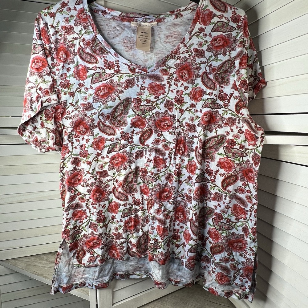 Philosophy Women's Lt Blue Pink Floral Paisley Pima Cotton V-Neck Hi-Lo Tee‎ XXL